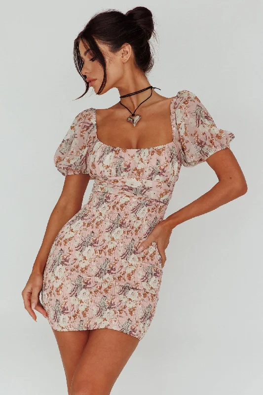 ladies-floral-dress-pastel-peonies-Joie Puff Sleeve Shirred Dress Floral Blush