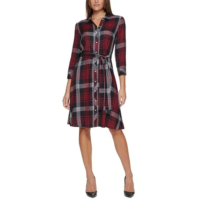 Women's shirt dress art glow -Tommy Hilfiger Women's Plaid Belted Shirtdress Blue Size 14