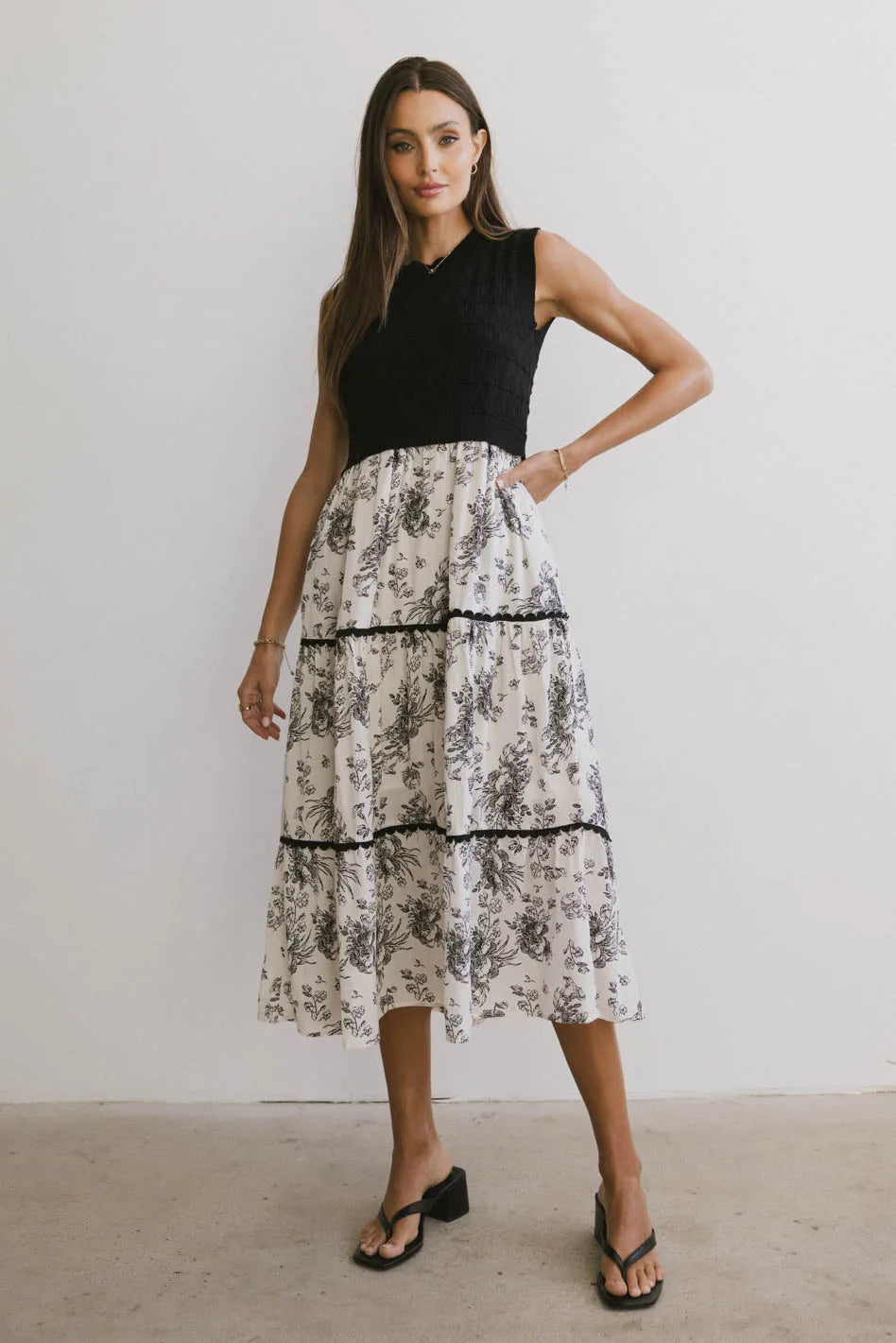 ladies-floral-dress-versatile-vine-Cherney Tiered Floral Dress in Black