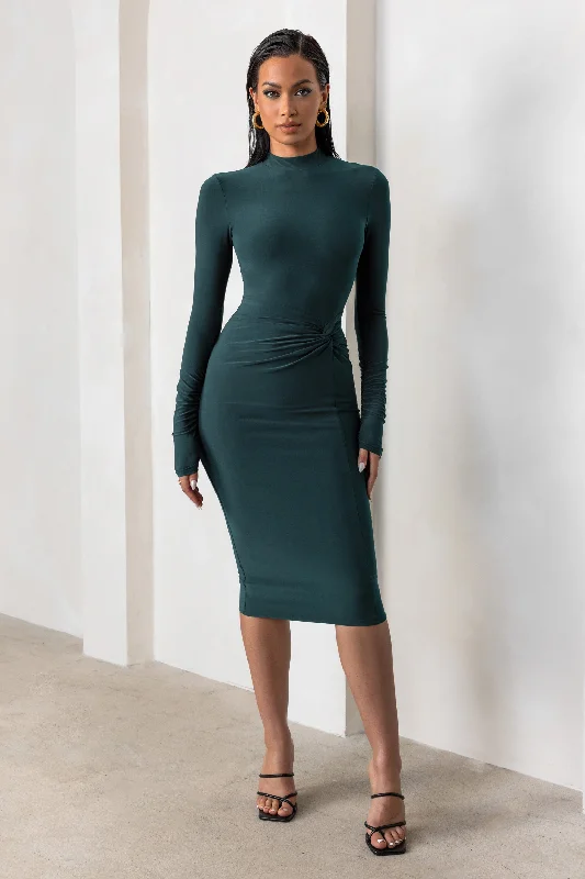 ladies-midi-dress-statement-sweep-Endless Shapes | Bottle Green High Neck Long Sleeves Midi Dress With Skirt Twist Detail