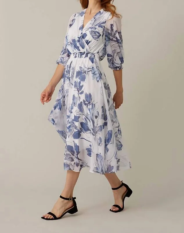 ladies-floral-dress-preppy-pansy-Wrap Front Floral Dress In Blue/Vanilla