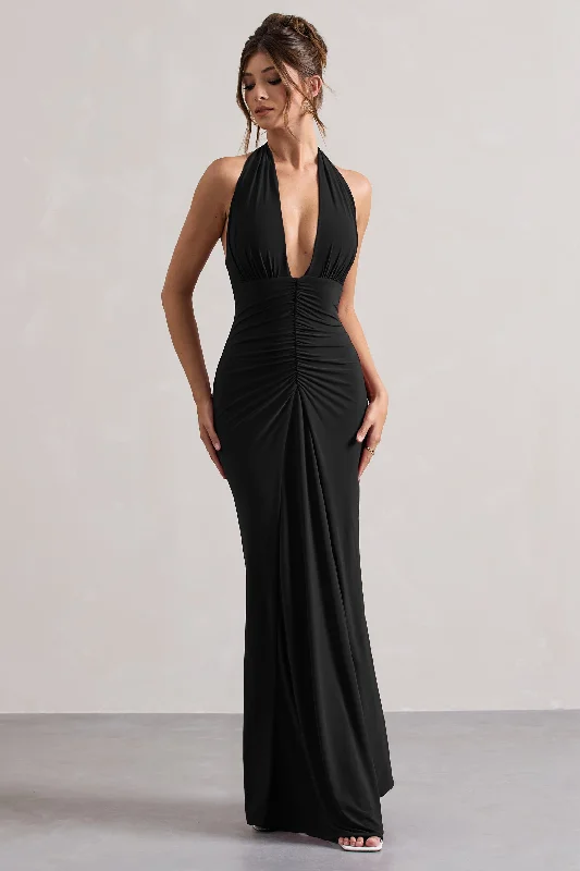 ladies-maxi-dress-ruffle-ripple-Payton | Black Ruched Halter-Neck Maxi Dress