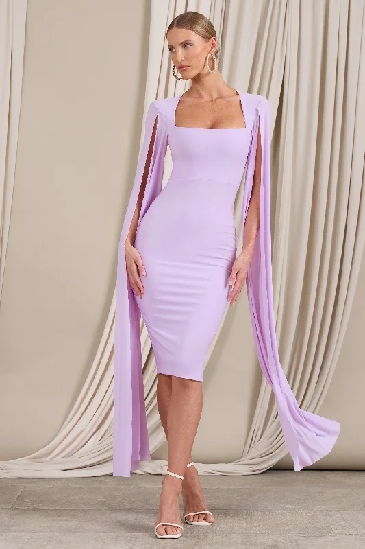 ladies-midi-dress-magenta-muse-Flawless | Lilac Square Neck Midi Dress With Cape Sleeves