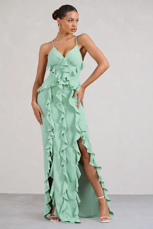 ladies-maxi-dress-insta-illume-Syrah | Mint Green Chiffon Ruffle Cami Maxi Dress