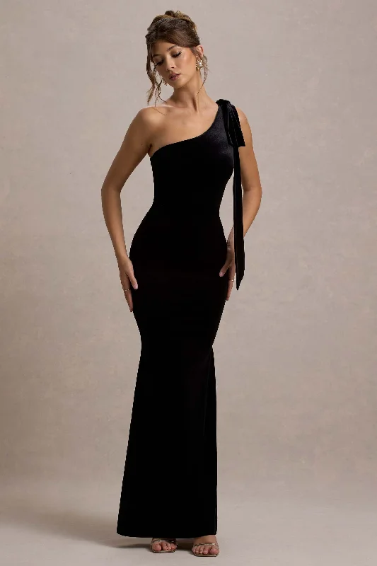 ladies-maxi-dress-90s-nostalgia-Jillian | Black Velvet Asymmetric Maxi Dress With Bow Strap