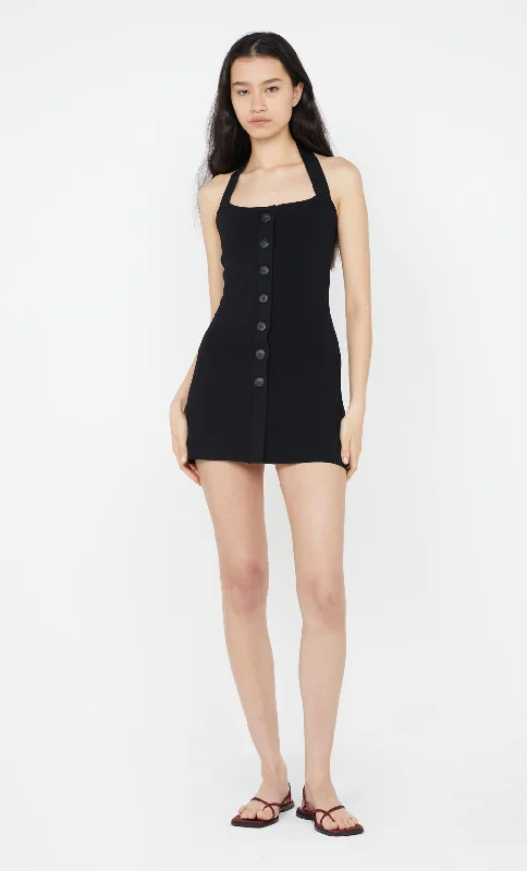 Women's mini dress spot flair -ILORA KNIT HALTER MINI DRESS - BLACK