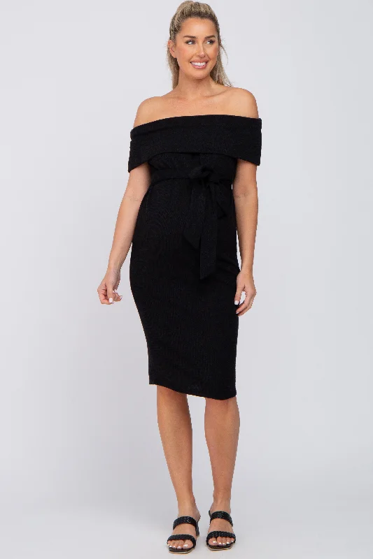 ladies-midi-dress-casual-calm-Black Folded Off Shoulder Waist Tie Maternity Midi Dress