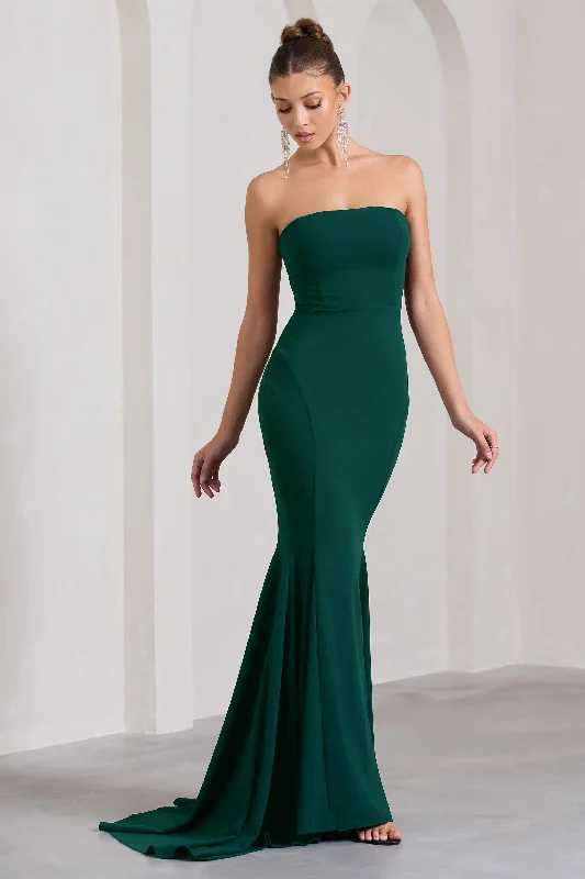 ladies-maxi-dress-floral-finesse-Impress Me | Bottle Green Strapless Bandeau Fishtail Maxi Dress