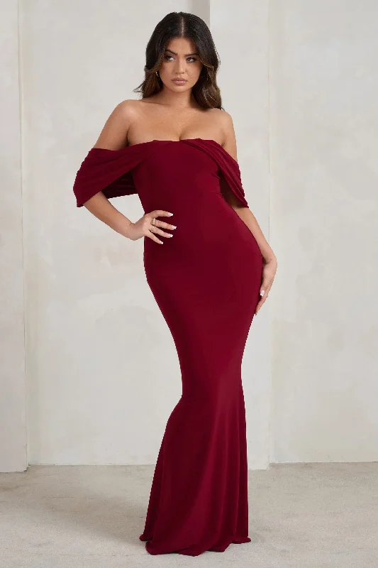 ladies-maxi-dress-bold-bloom-Gabrielle | Berry Red Bardot Neckline With Drape Sleeves Maxi Dress