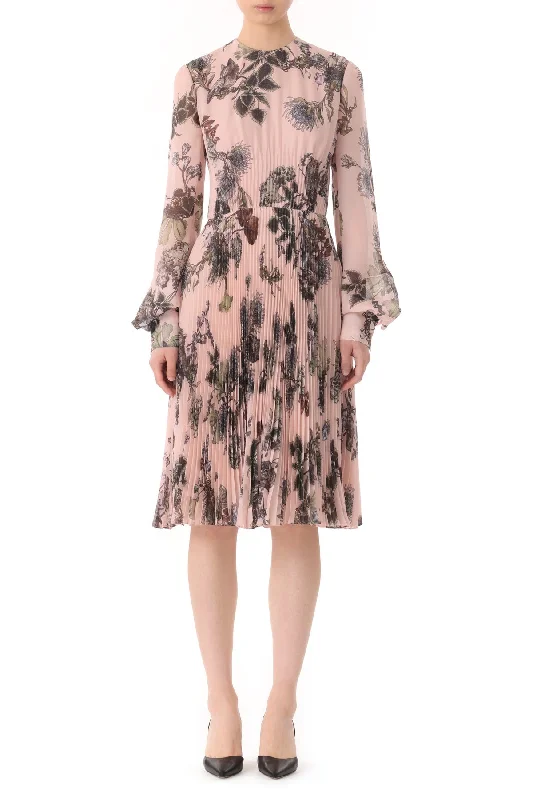 ladies-floral-dress-ruched-rose-Forest Floral Long Sleeve Pleated Dress