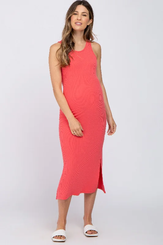 ladies-midi-dress-sequin-shimmer-Coral Ribbed Side Slit Maternity Midi Dress