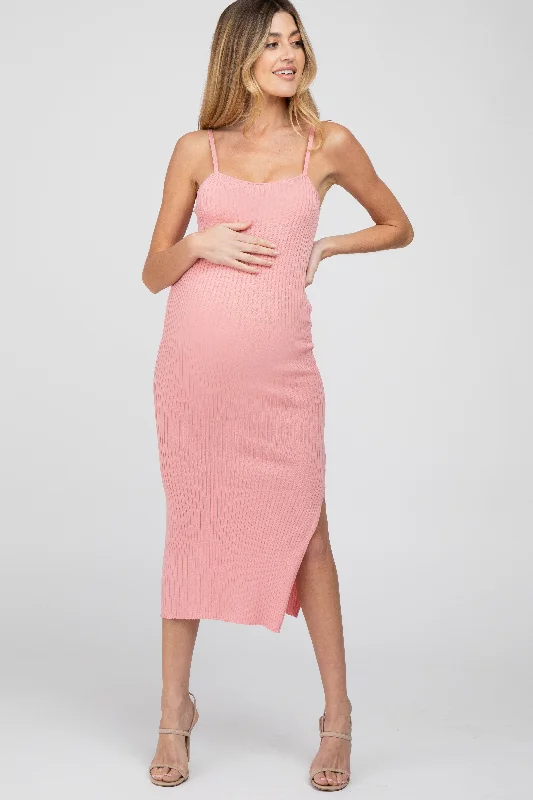 ladies-midi-dress-viral-vibe-Pink Ribbed Square Neck Side Slit Maternity Midi Dress