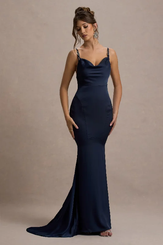 ladies-maxi-dress-one-shoulder-sweep-Made With Love | Navy Satin Strappy Fishtail Maxi Dress