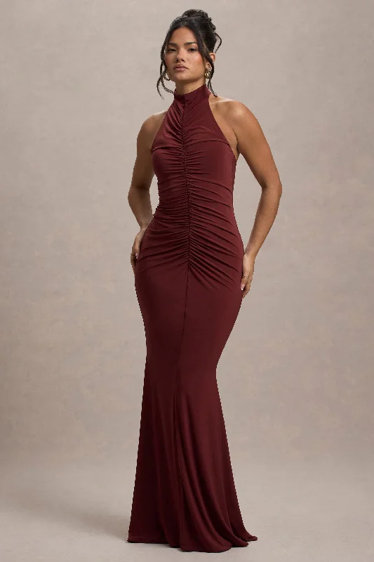 ladies-maxi-dress-travel-twirl-Arietta | Port High-Neck Ruched Fishtail Maxi Dress