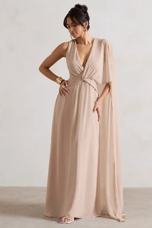 ladies-maxi-dress-soft-symphony-Fairytale | Champagne Plunge-Neck Chiffon Maxi Dress With Cape Sleeve