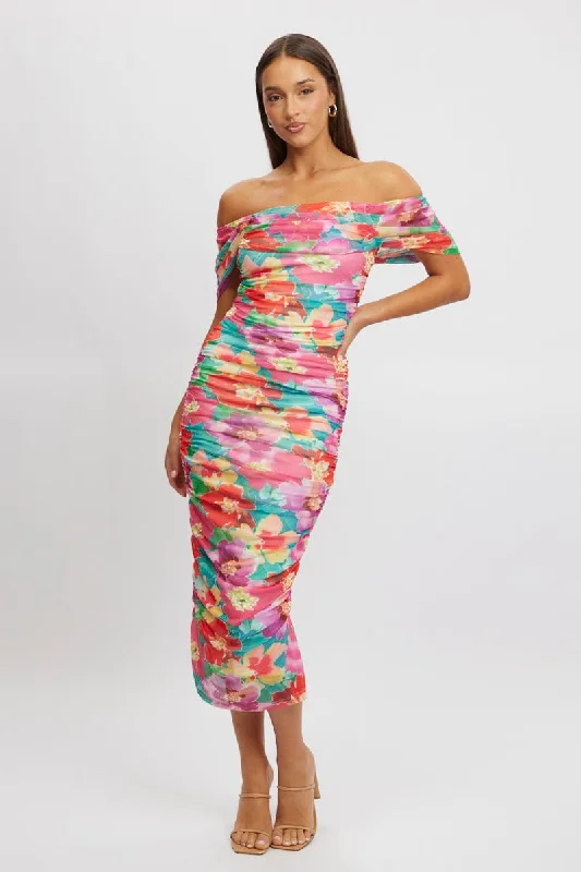 ladies-bodycon-dress-stretch-fit-Multi Floral Bodycon Dress Mesh