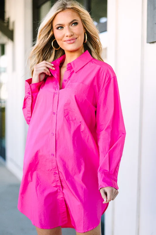 Women's shirt dress trend pop -Ask Around Fuchsia Pink Shirt Dress