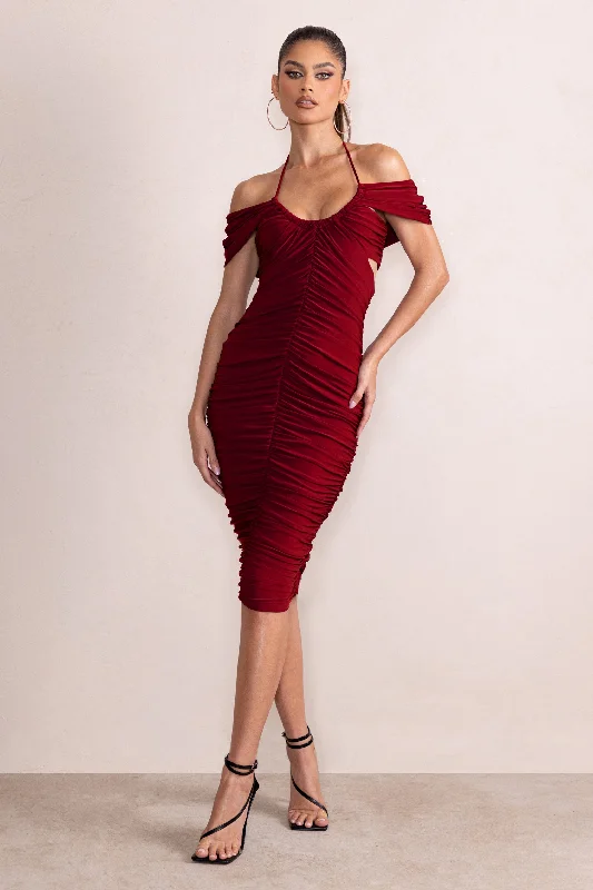 ladies-midi-dress-glitter-gleam-Dulcie | Burgundy Halter Neck Cut Out Ruched Midi Dress