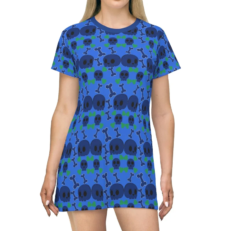 Women's shirt dress steel glow -Women's Blue Skull Print T-Shirt Dress