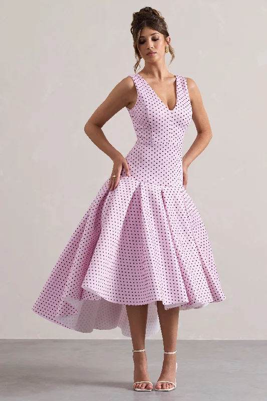 ladies-maxi-dress-matte-muse-Amoret | Pink Polka Dot Plunge-Neck Maxi Dress With Volume Hem