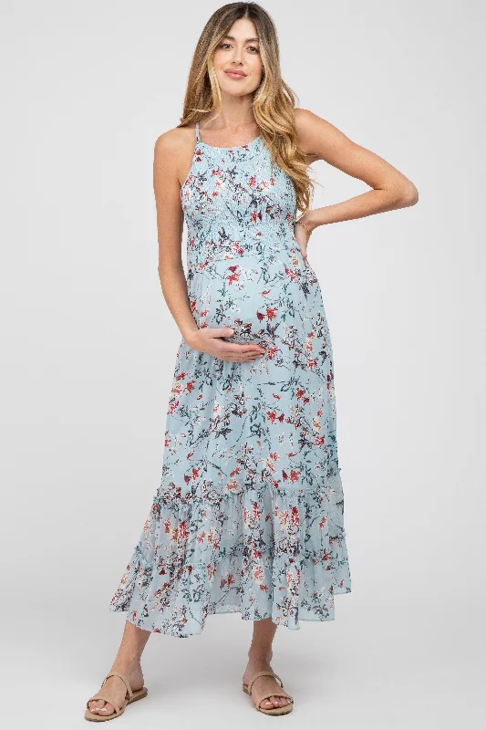 ladies-midi-dress-bright-bloom-Light Blue Floral Chiffon Smocked Maternity Midi Dress