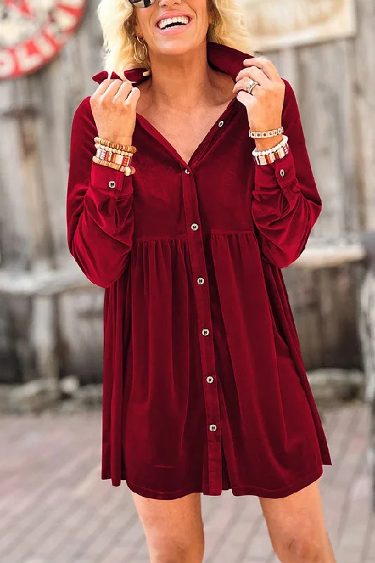 Women's shirt dress bloom flair -Long Sleeve Ruffle Velvet Button Up Shirt Dress