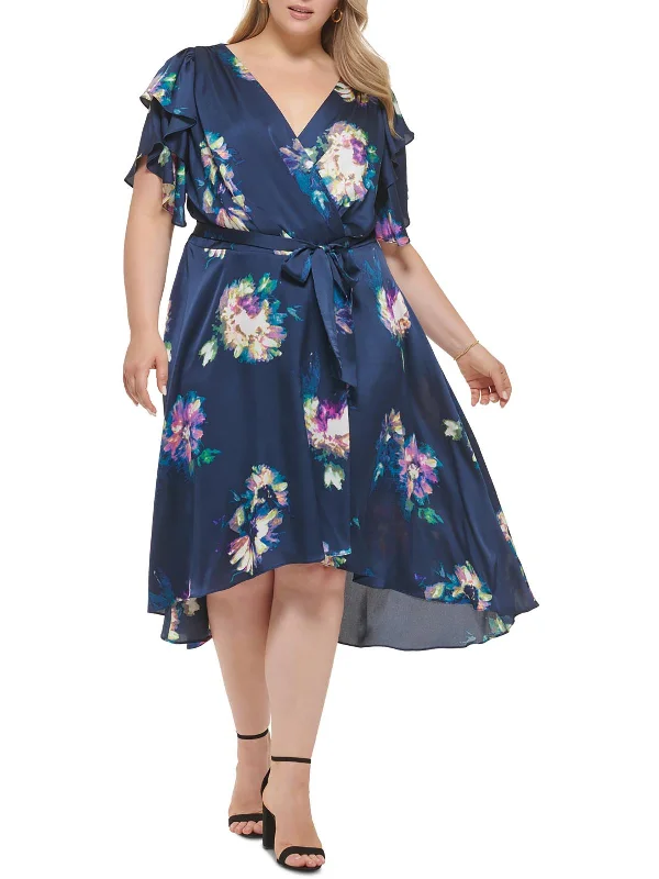 ladies-floral-dress-soft-stems-Plus Womens Floral Hi-Low Wrap Dress