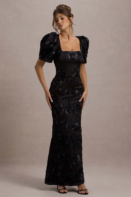 ladies-maxi-dress-rose-rush-Marilla | Black Mesh Floral Square-Neck Puff-Sleeve Maxi Dress