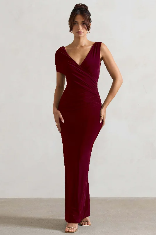 ladies-maxi-dress-puff-sleeve-pride-Capella | Berry Asymmetric Wrap Maxi Dress