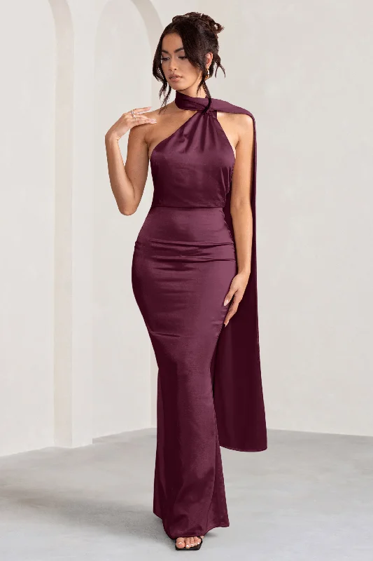 ladies-maxi-dress-bell-sleeve-bliss-Mademoiselle | Burgundy Satin Asymmetric Scarf Neck Backless Maxi Dress