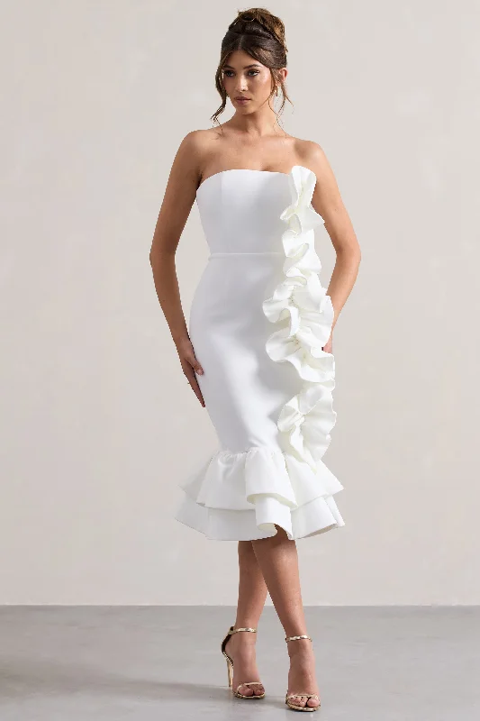 ladies-midi-dress-travel-twirl-Concept | Cream Bandeau Ruffle Midi Dress