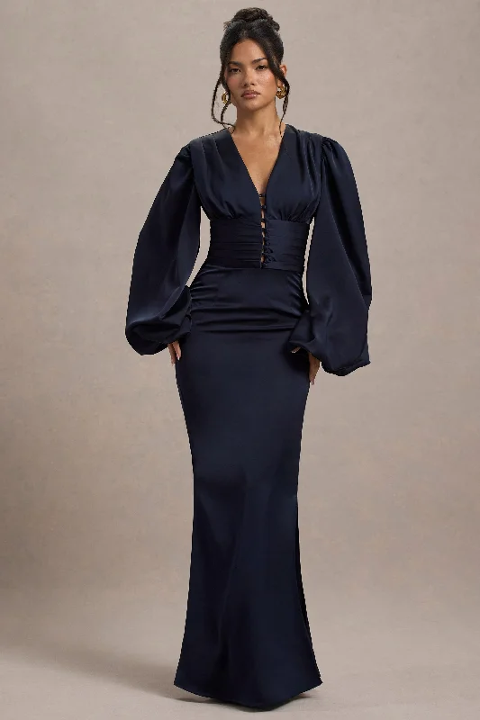 ladies-maxi-dress-mauve-majesty-Helsinki | Navy Satin V-Neck Balloon Sleeve Maxi Dress