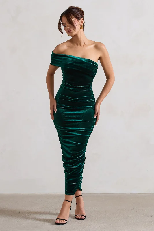 ladies-midi-dress-sale-sway-Remember Me | Bottle Green Velvet One Shoulder Midi Dress