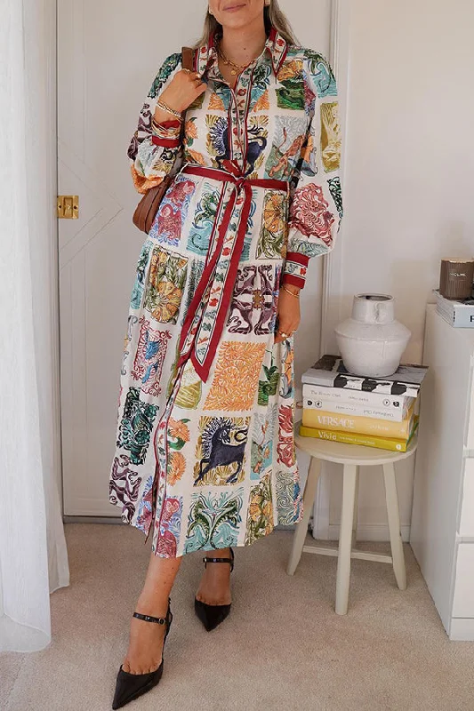 Women's shirt dress gleam glow -Wond A Land Unique Print Balloon Sleeve Belt Pocketed Shirt Midi Dress