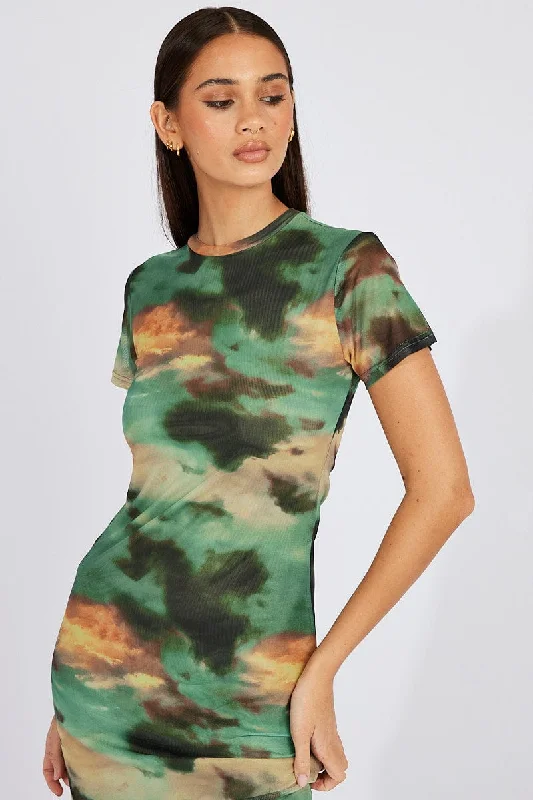 ladies-bodycon-dress-olive-oomph-Green Abstract Maxi Dress Short Sleeve Bodycon Mesh