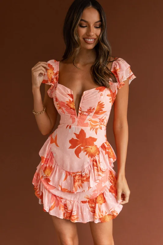 ladies-floral-dress-dark-dahlia-Liz Ruffle Shoulder Dress Floral Orange