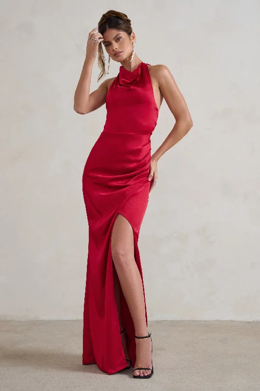 ladies-maxi-dress-bold-breeze-Forever Feature | Berry Red High Neck Wrap Maxi Dress