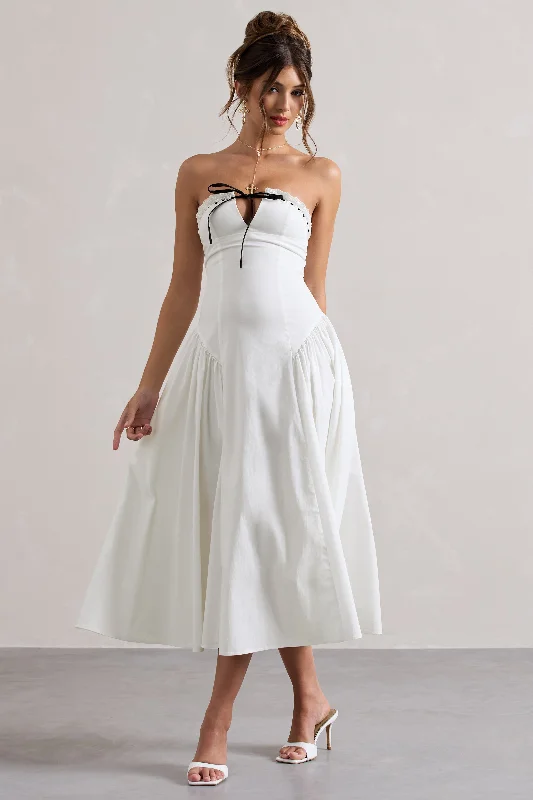 ladies-midi-dress-social-sweep-Serrenti | White Poplin Strapless Lace Detail Midi Dress With Volume Skirt