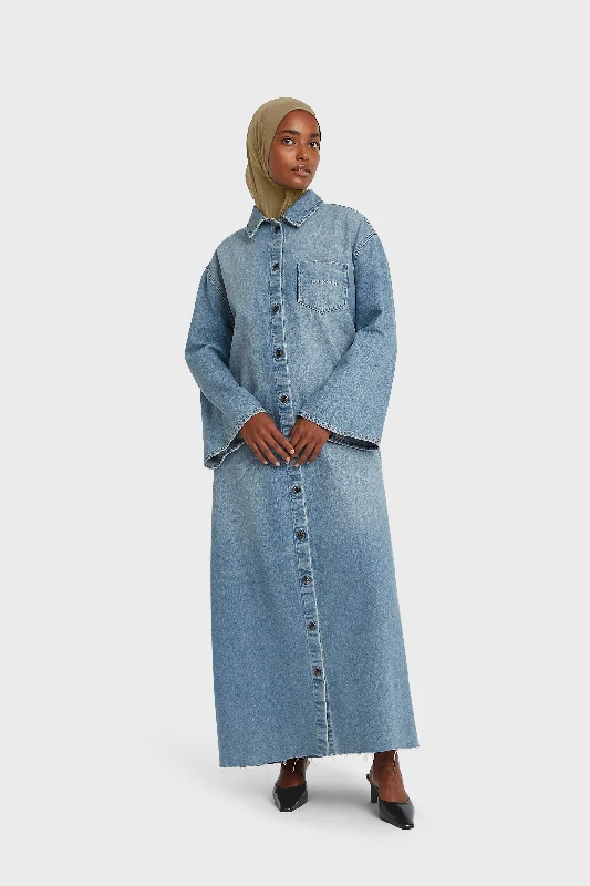 Women's shirt dress thread pop -Denim Shirt Dress | Washed Silver Blue