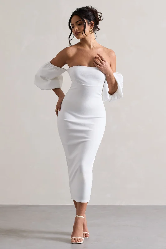 ladies-midi-dress-off-shoulder-elegance-Keira | White Bardot Puff-Sleeve Midi Dress