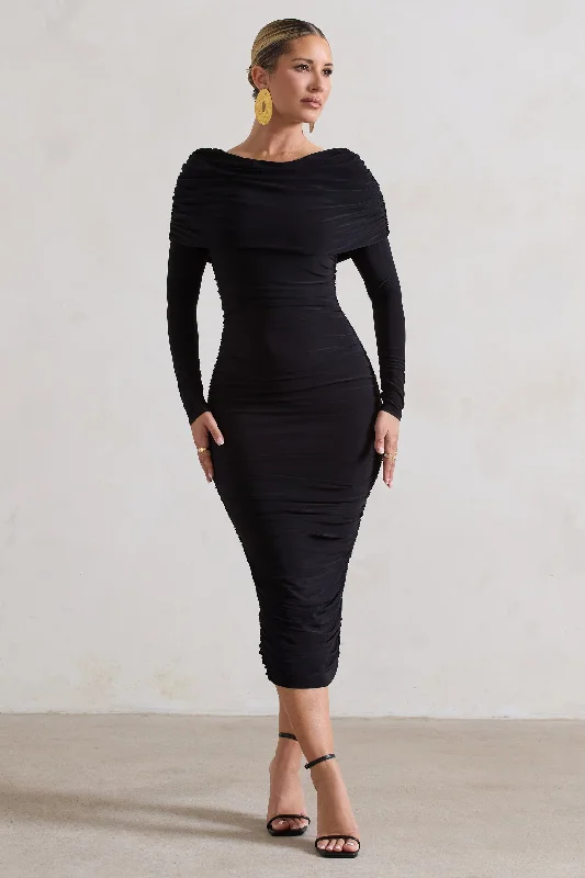 ladies-midi-dress-evening-edge-Lea | Black Long Sleeve Ruched Midi Dress with Draped Bardot Overlay