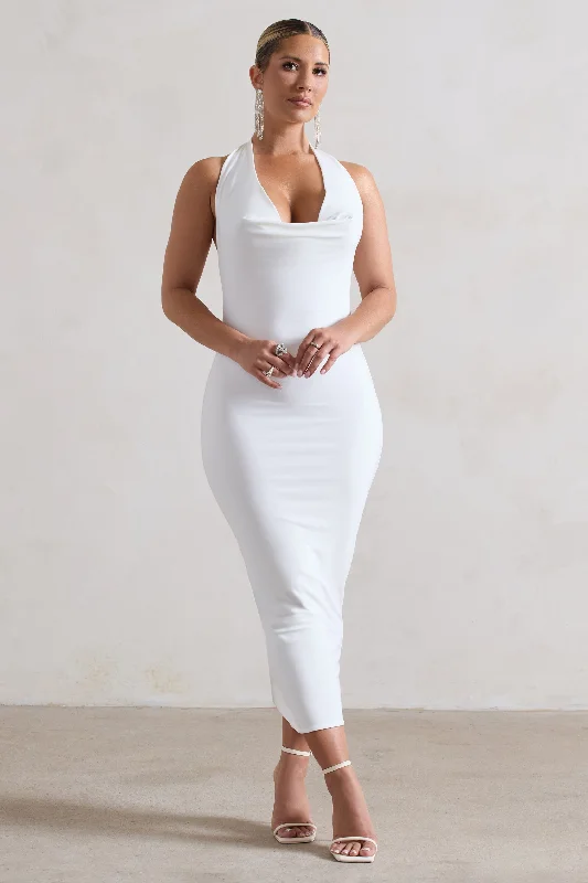 ladies-midi-dress-evening-edge-Roulette | White Cowl-Neck Midi Dress