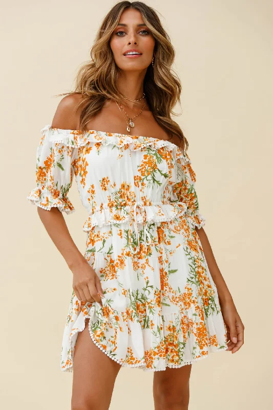 ladies-floral-dress-elastic-edelweiss-Sierra Bonita Off-Shoulder Drawstring Waist Dress Floral Print Orange Multi