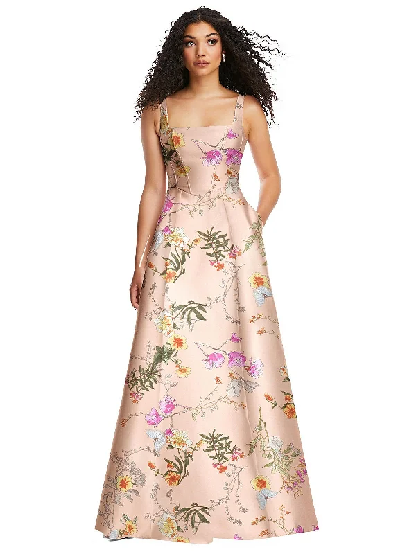 ladies-floral-dress-budget-blossom-Boned Corset Closed-Back Floral Satin Gown with Full Skirt