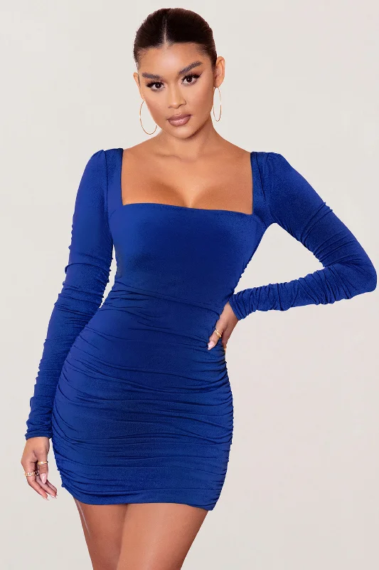 Women's mini dress bloom flair -Muse | Royal Blue Long Sleeve Square Neck Ruched Mini Dress