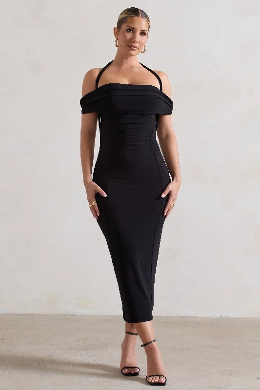 ladies-midi-dress-classic-chic-Gwen | Black Bardot Halter-Neck Midi Dress