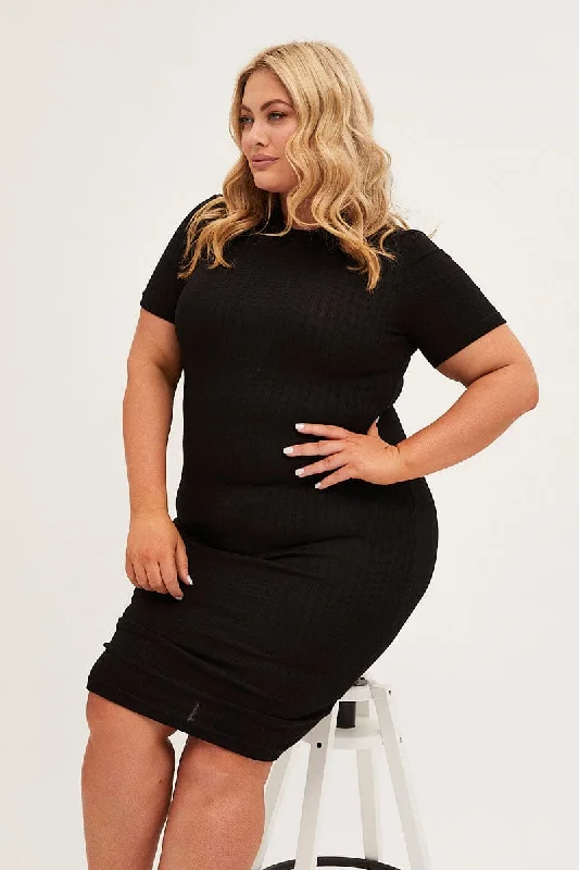 ladies-bodycon-dress-high-neck-hug-Black Midi Dress Short Sleeve Rib Jersey Bodycon