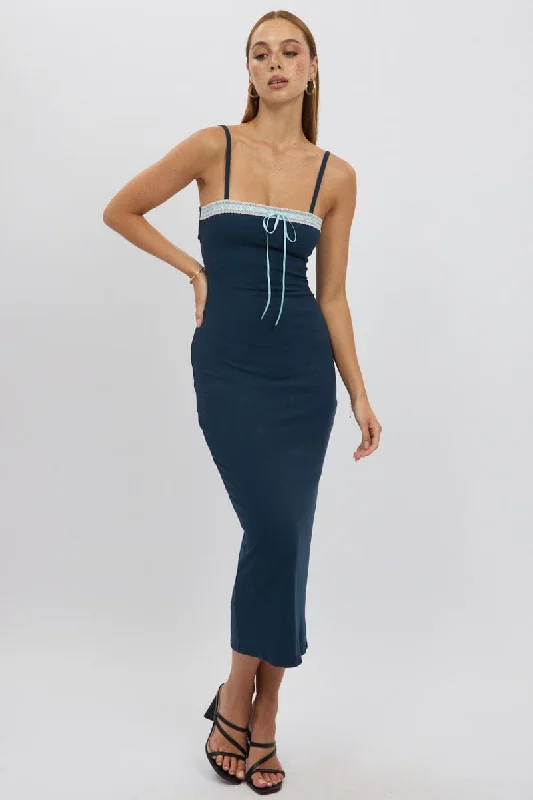 ladies-bodycon-dress-autumn-allure-Blue Bodycon Dress Maxi Ribbon Trim