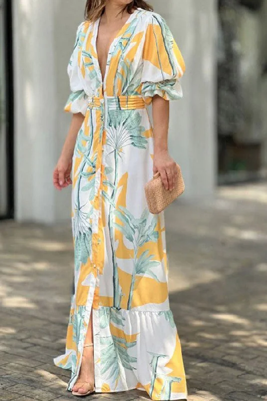 Women's shirt dress spin chic -Floral Print Shirt Neck Puff Sleeve Button Maxi Dress