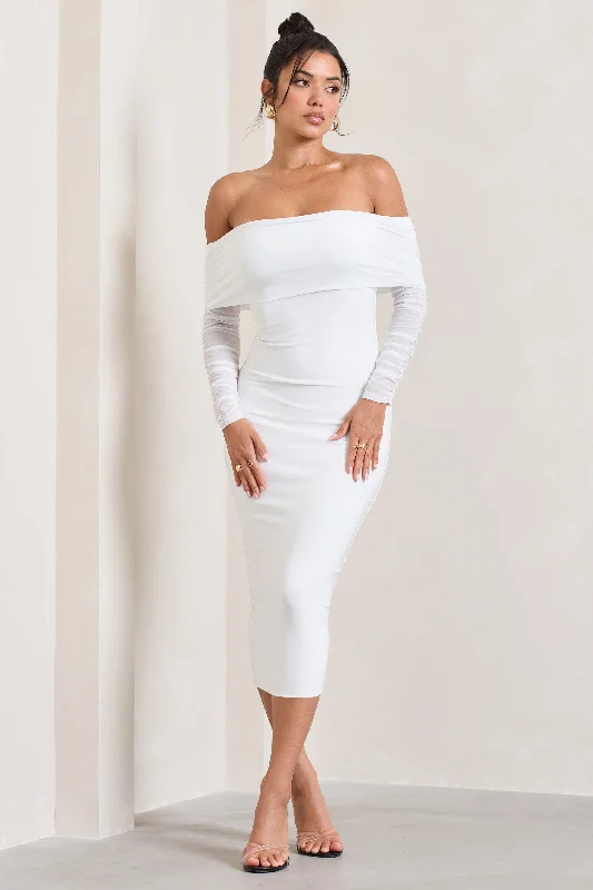 ladies-midi-dress-romantic-rush-Only You | Ivory Ruched Mesh Bardot Midi Dress